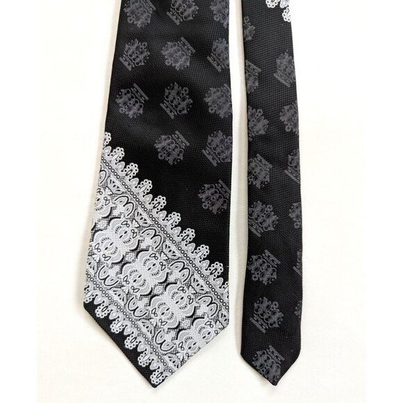 Vintage Wembley Wemlon Crown Print 70's Black & Silver Necktie - Picture 1 of 10